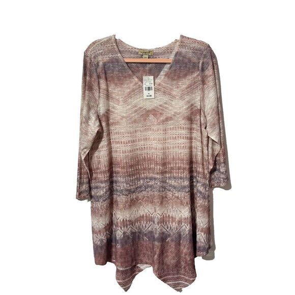 NWT One World  Tunic Blouse Top XL Multicolor Aztec Print Tartan 3/4 Sleeve - Picture 1 of 6